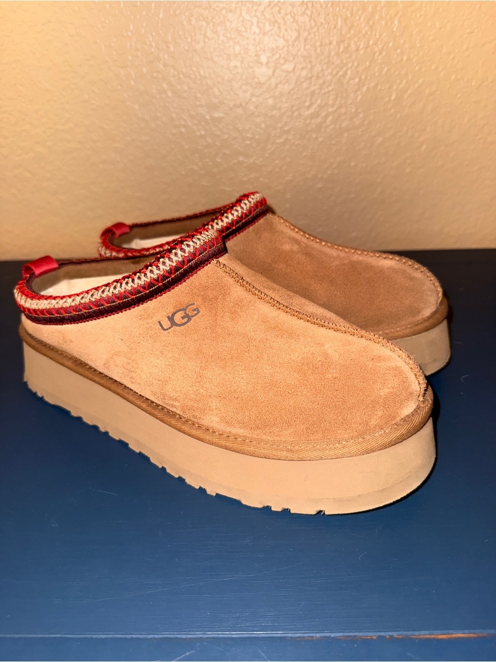 UGG Women’s Chestnut Suede Slip-On Mules with Red Trim